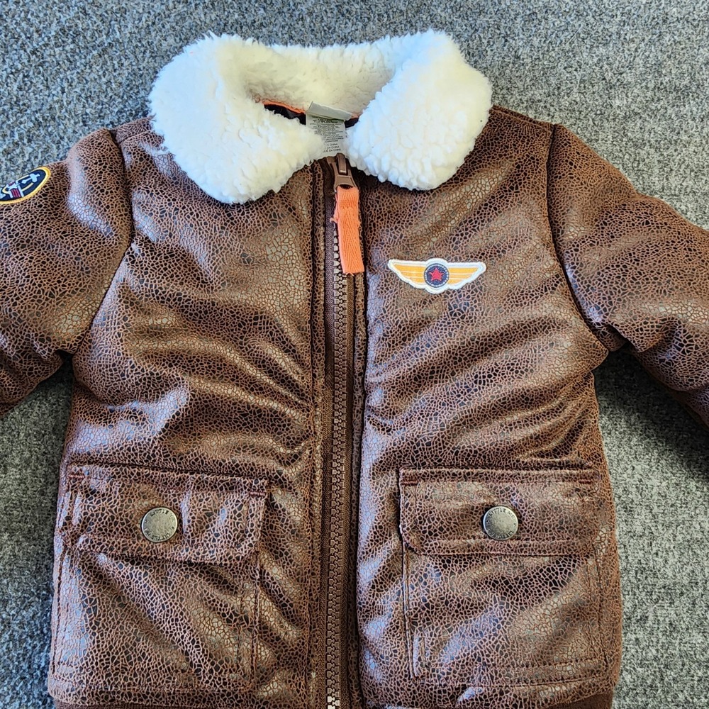 Little Me Baby Aviator Jacket 12M Brown Faux Leather Sherpa Lined Coat